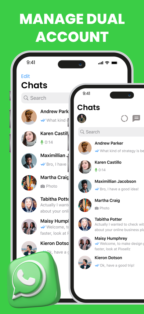 Interfaz de Dual Space Pro mostrando la gestión de dos cuentas de WhatsApp en un solo iPhone