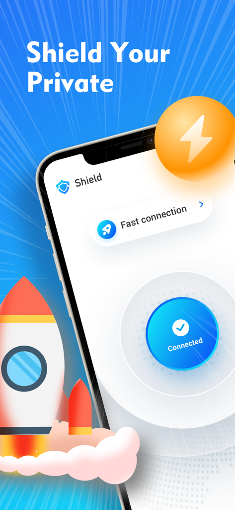 Shield - Secure Tool Fast - Shield app interface on an iPhone showing a successful secure connection status with rocket and lightning bolt graphics
