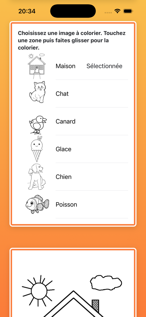 Screen showing a list of French words and illustrations for a child to choose and color