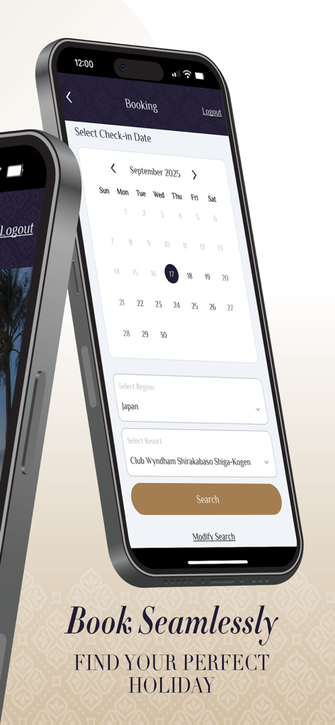 Pantalla de reserva de la aplicación Club Wyndham Asia con calendario y selección de resort para Japón.