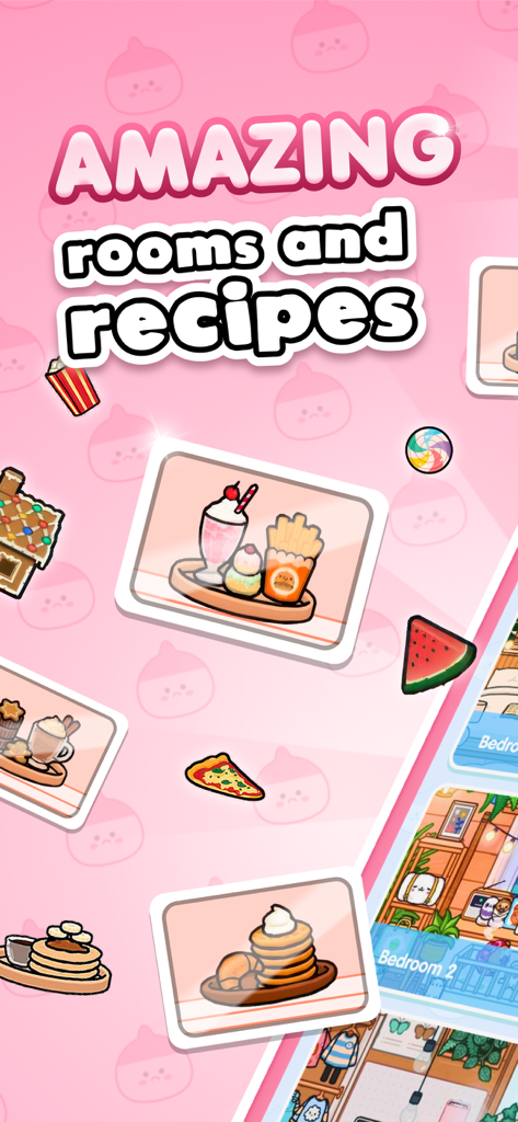A showcase of Toca Boca room ideas and food recipes with colorful illustrations.