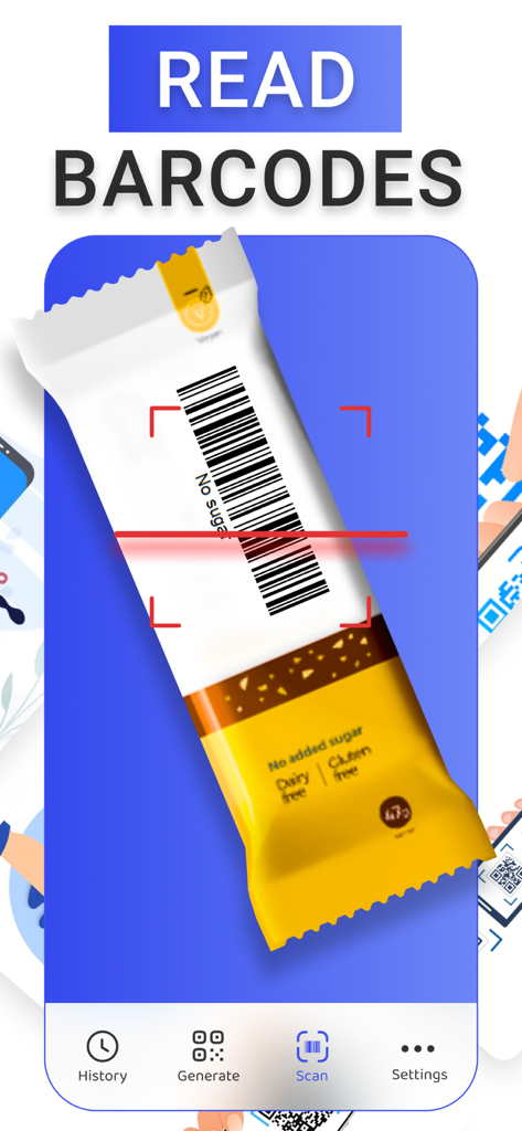 QR Code Reader・Barcode Scanner - A smartphone app interface scanning a barcode on a snack bar package using a red laser line