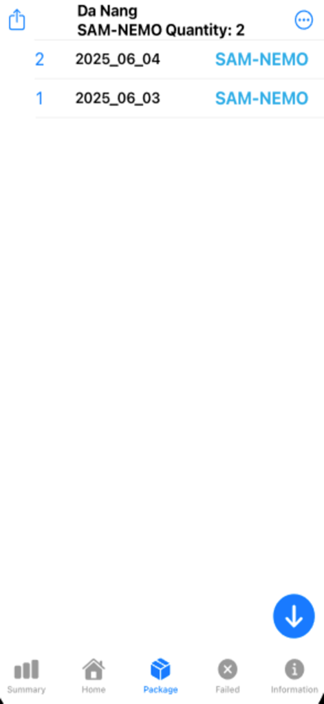 Sam Database - Screenshot of Sam Database app showing a list of recorded data packages for mobile devices