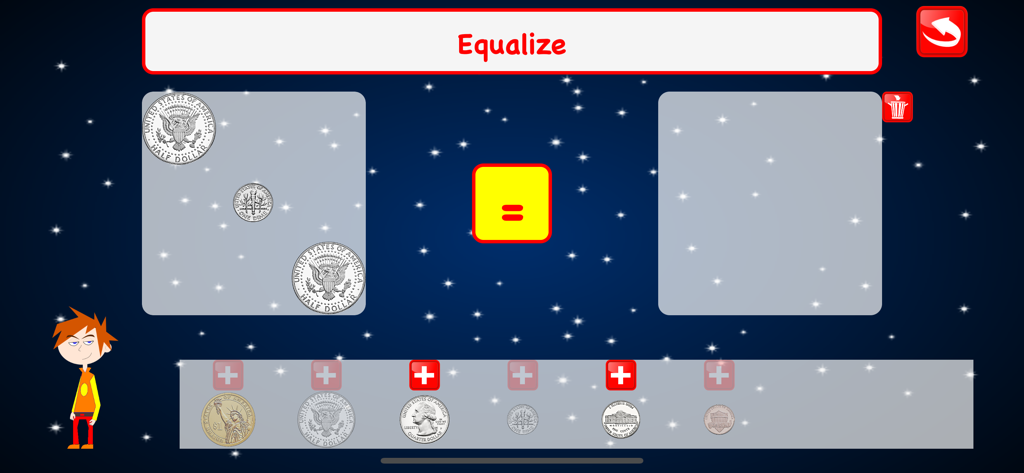 Coins Math Learning Games Kids - Educational game screen for kids learning to match equivalent US coin values