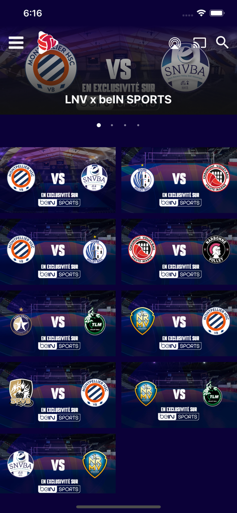 Interfaz de la aplicación LNVtv que muestra una cuadrícula de las próximas transmisiones de partidos de voleibol profesional francés en beIN SPORTS.