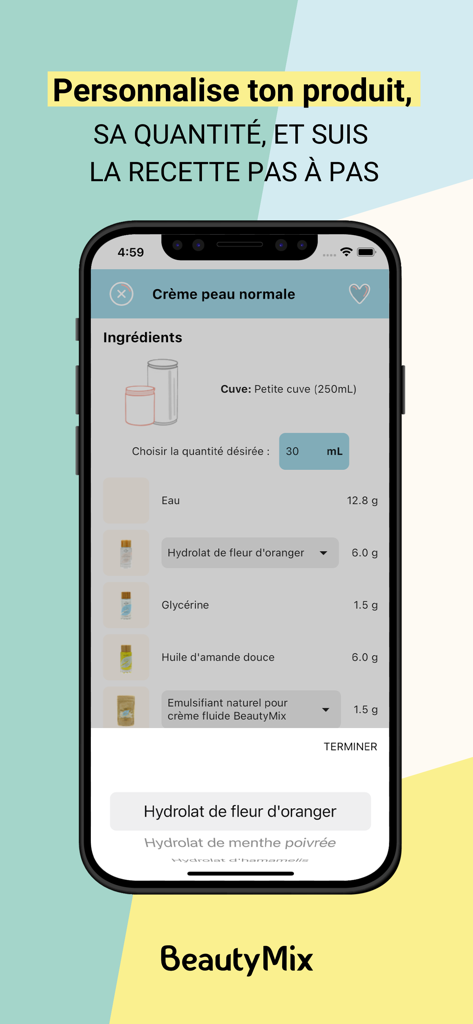 BeautyMix - Smartphone screen showing the BeautyMix app with a personalized natural skincare recipe and ingredient weights