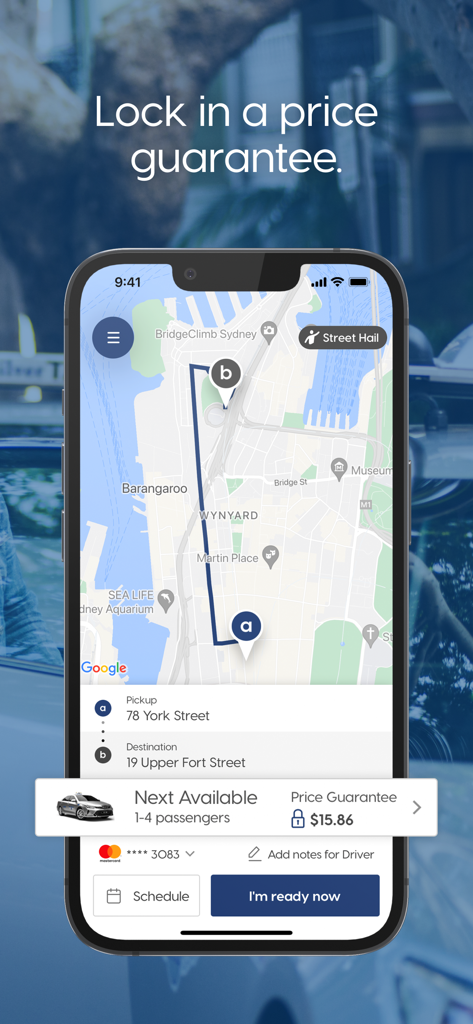 Silver Service app interface featuring a fixed price guarantee and route mapping in Sydney