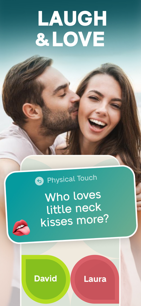 JustUs: Couples & Relationship - A screenshot of the JustUs app showing a fun relationship game question about physical touch for a couple.