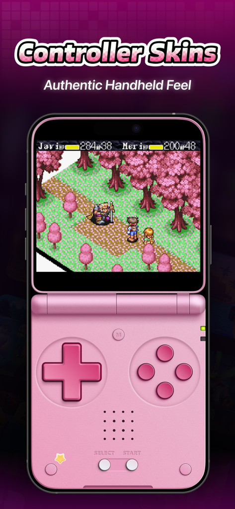 JOY Emulator - 3DS,PSX,PSP,GBA - JOY Emulator app showing a customizable pink retro handheld controller skin on an iPhone.