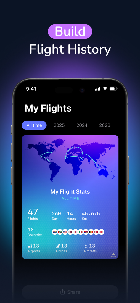 byAir: Live Flight Tracker - A mobile app screen showing a world map with flight paths and statistics like total flights and distance traveled