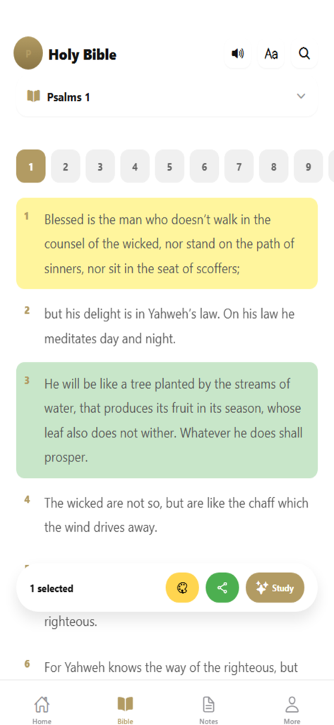 Holy Bible - Bible Offline - Bible reading interface showing Psalms 1 with highlighted verses and navigation tools