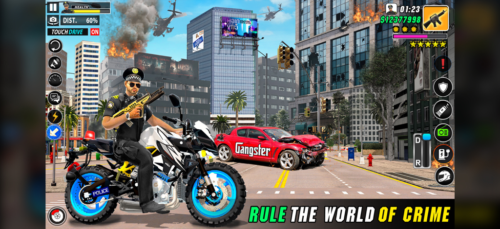 US Police Moto Bike Car Chase - A police officer on a motorbike holding a weapon next to a crashed gangster car in a city