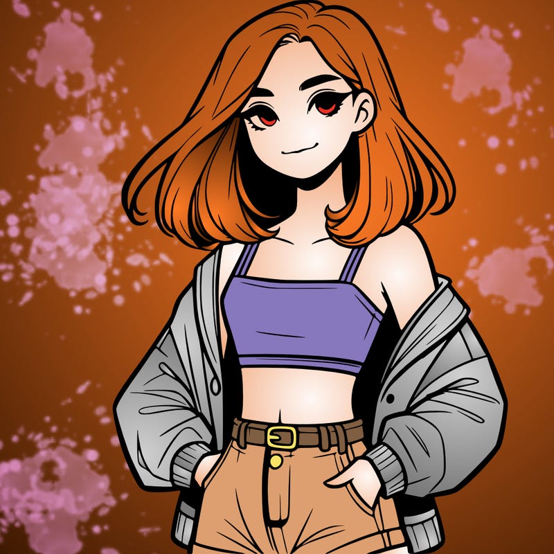 a realistic girl with a crop top and short shorts in an open jacket