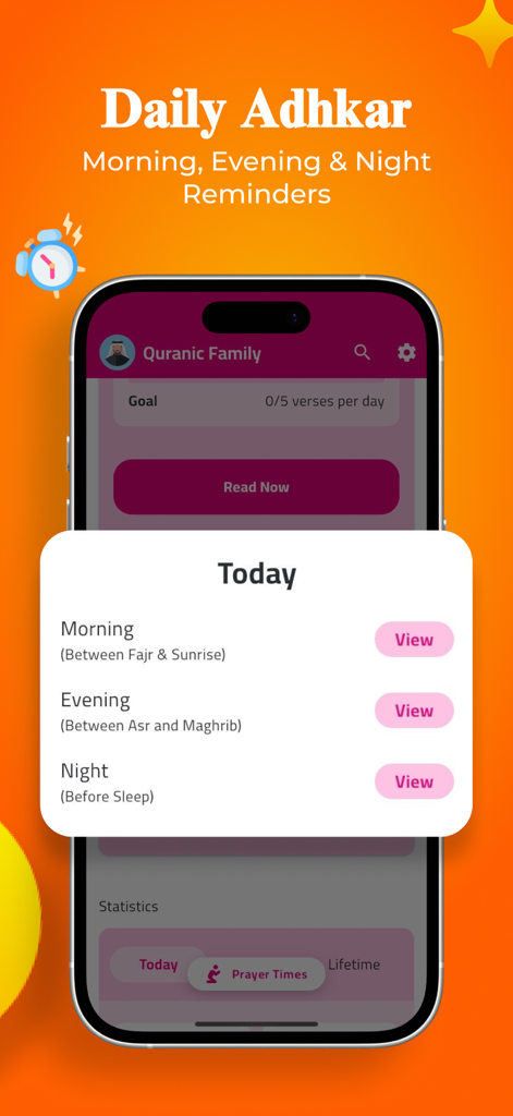 Quranic Family - Écran de l'application mobile affichant des rappels d'Adhkar du matin, du soir et de la nuit dans l'application Famille Coranique