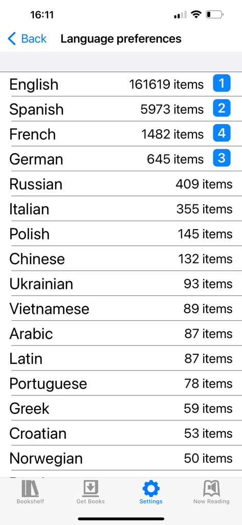 BARD Mobile - BARD Mobile app interface showing language preferences with a list of available languages and their corresponding item counts