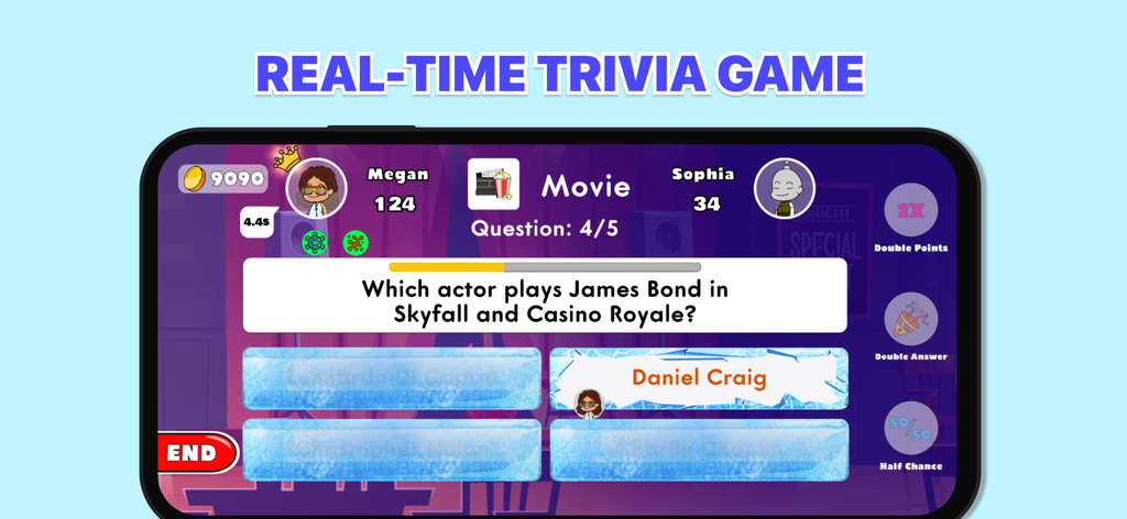 Interfaz de pregunta de trivia de películas en tiempo real en la aplicación móvil Trivia Chat que muestra las puntuaciones de los jugadores y las opciones del juego