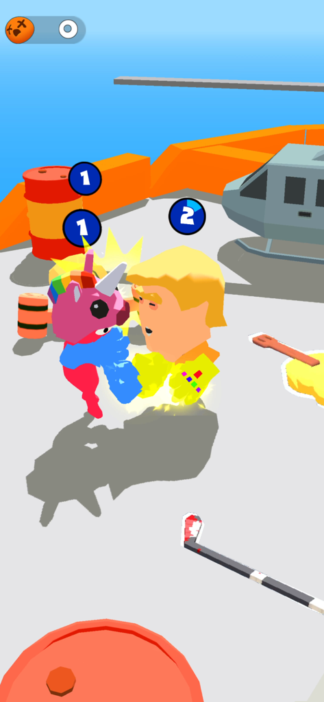 Stickman Boxing Battle 3D - ピンクのユニコーンマスクをつけたスティックマンが、ヘリコプターの近くの屋上で相手と戦っている。