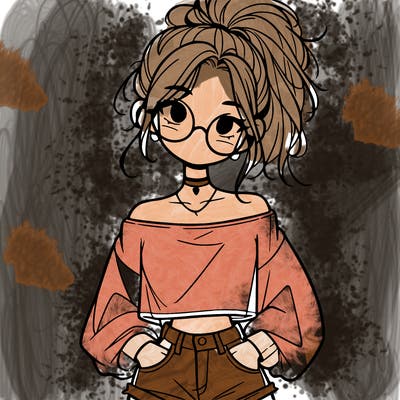 girl with a messy ponytail glasses a baggy crop top and jean shorts