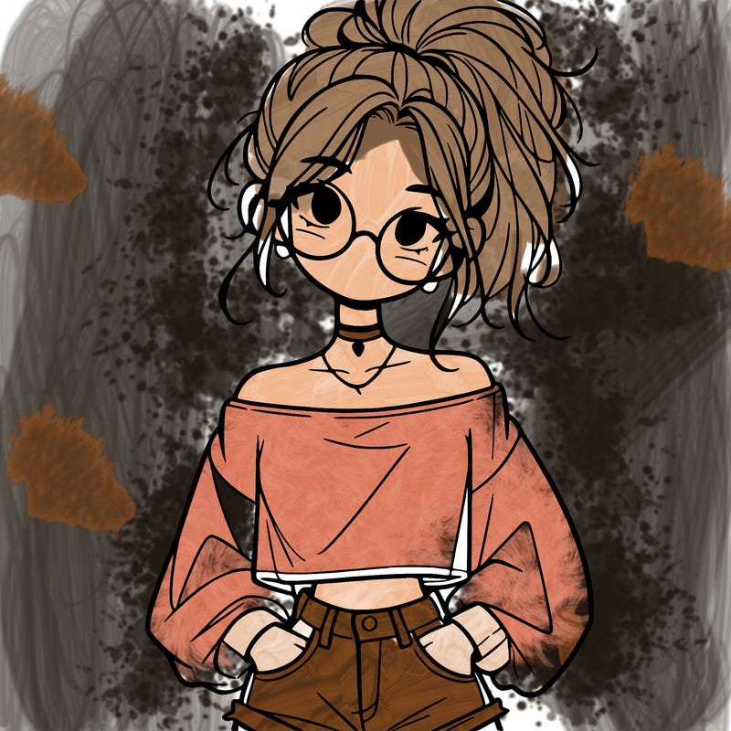 girl with a messy ponytail glasses a baggy crop top and jean shorts