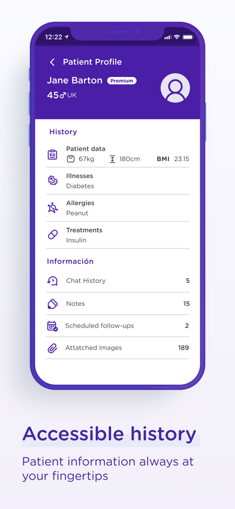Una interfaz móvil de mediQuo PRO que muestra un perfil detallado del paciente incluyendo historial médico, enfermedades, alergias y seguimientos programados.