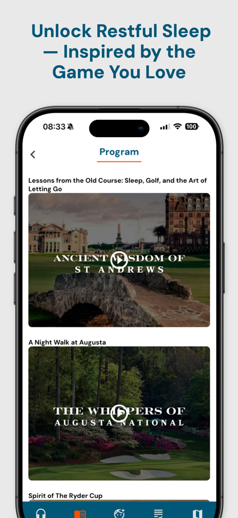 Mind Caddie app interface displaying golf themed sleep programs and audio lessons