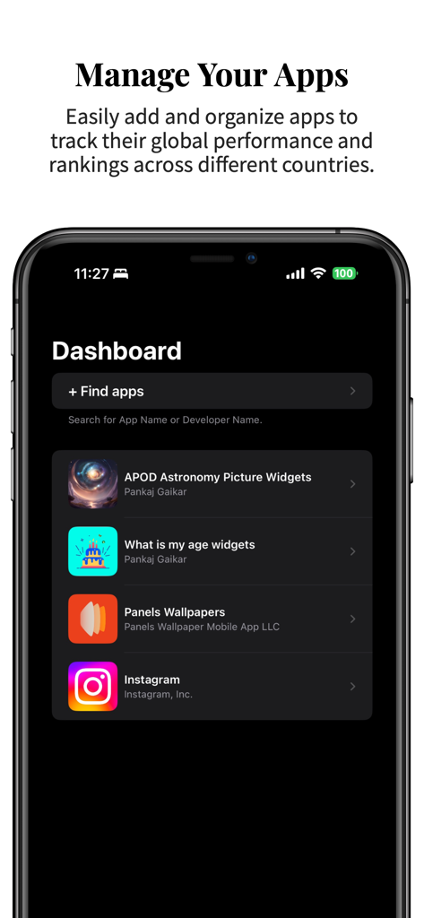 App Rank Analytics dashboard showing a list of tracked mobile apps
