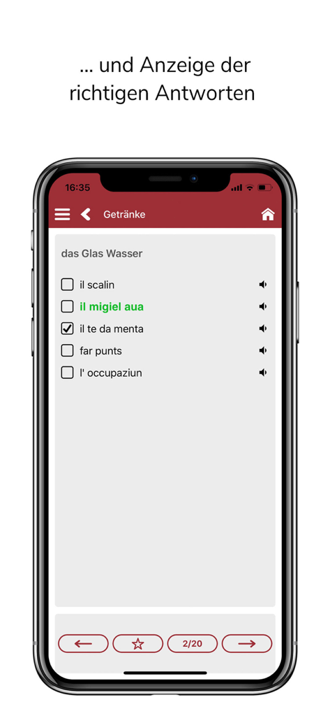 Screenshot do aplicativo Vokabeltrainer Sursilvan mostrando um teste de vocabulário de múltipla escolha com uma resposta correta destacada em verde