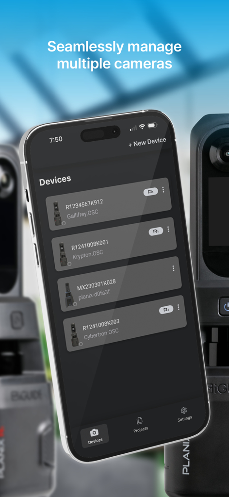 Smartphone screen showing the iGUIDE PLANIX app device management list with multiple professional cameras