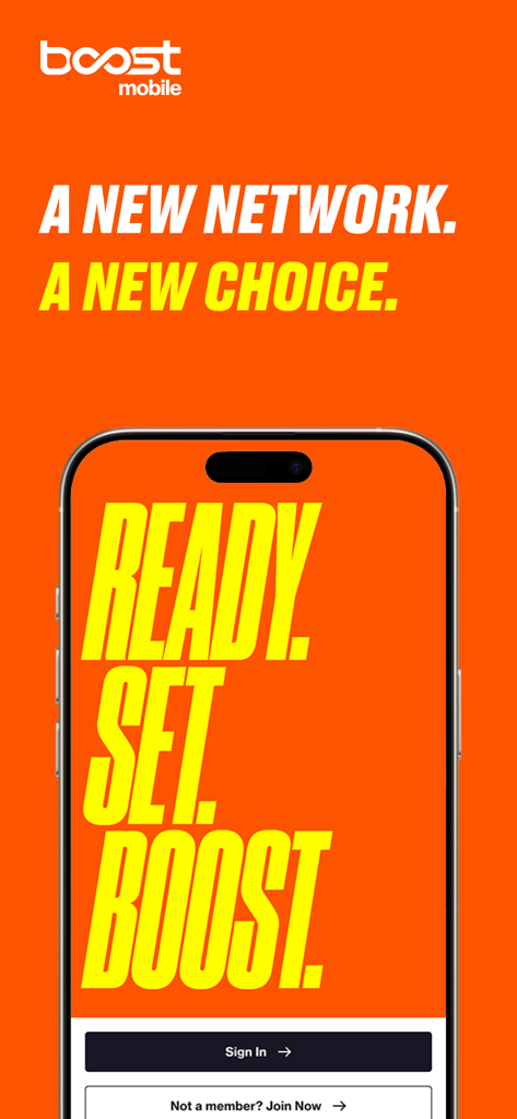 Pantalla de bienvenida de la aplicación Boost Mobile con los lemas A New Network A New Choice y Ready Set Boost y opciones de inicio de sesión.
