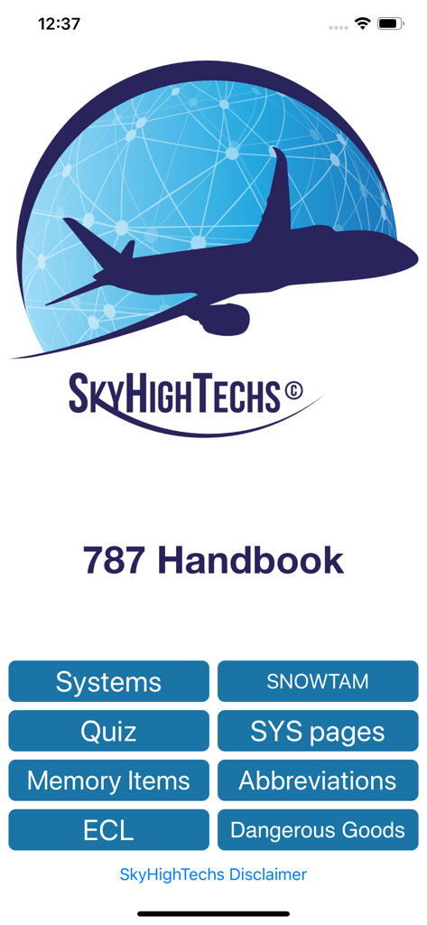 Main menu of the 787 Handbook app with navigation buttons for aircraft systems and pilot tools
