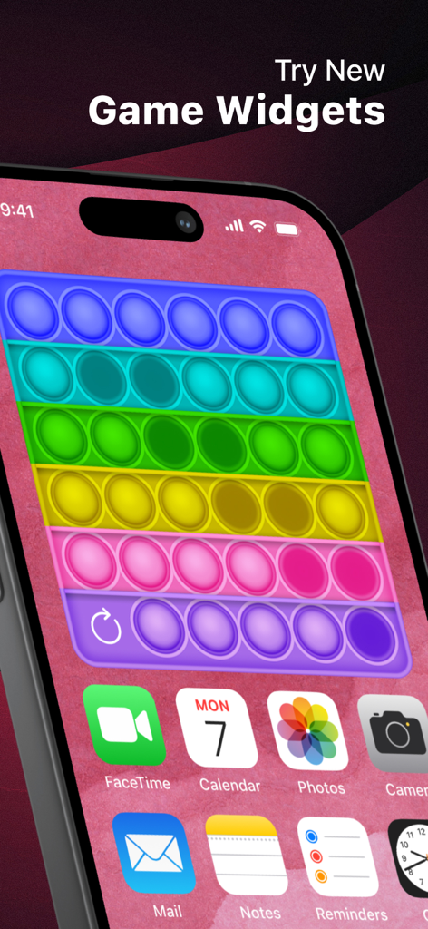 Uma tela inicial de iPhone apresentando um widget interativo de jogo pop it arco-íris colorido do Widget Box.