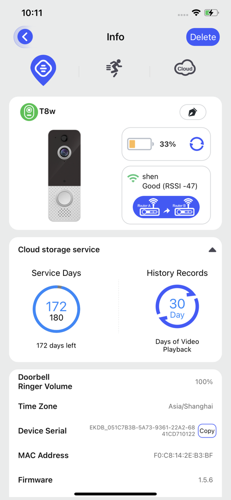 Aiwit - Aiwit app interface showing smart doorbell battery level wifi signal and cloud storage service details