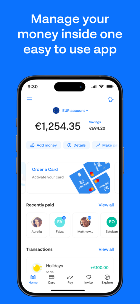 Monese Mobile-App-Dashboard mit Anzeige eines Euro-Kontostands und Finanztransaktionen.