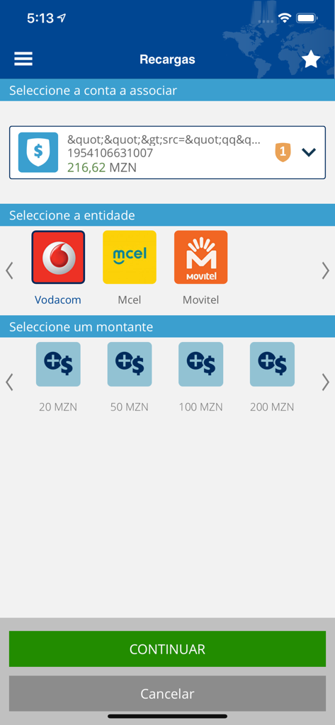 Interfaccia di ricarica mobile nell'app Standard Bank MZ NETPlus che mostra le opzioni per ricariche di rete Vodacom, Mcel e Movitel.
