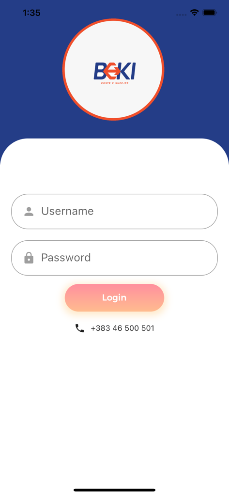 Login screen of the Posta Beki app featuring username and password fields
