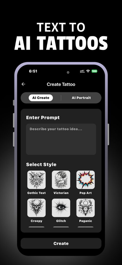 AI TattooGen - Ink Art - Interfaccia dell'app AI TattooGen che mostra un campo di inserimento del prompt di testo e diverse opzioni di stile artistico per generare tatuaggi