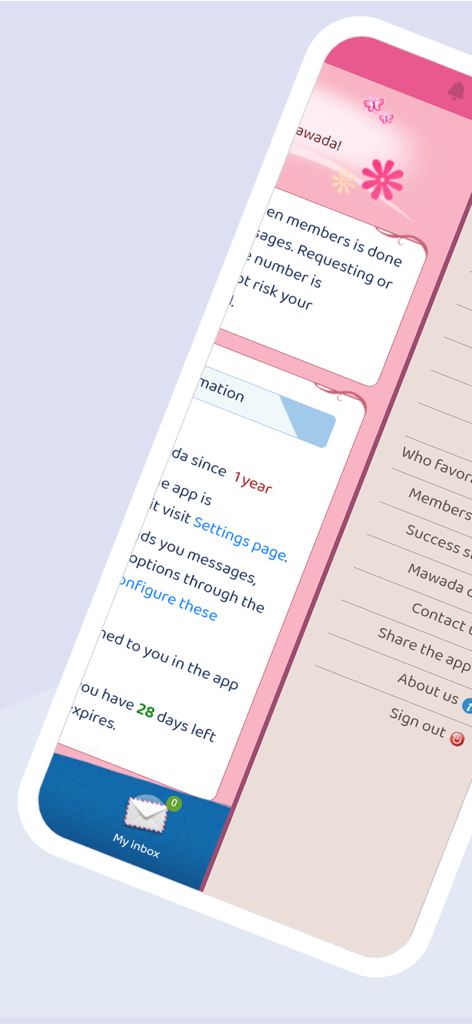 Mawada : Muslim Marriage - User profile dashboard and side navigation menu in the Mawada Muslim Marriage app