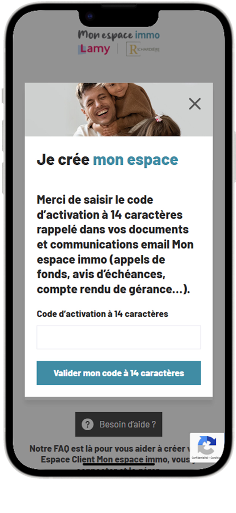 Mon espace immo particuliers - Écran d'activation de compte Mon Espace Immo nécessitant un code de 14 caractères