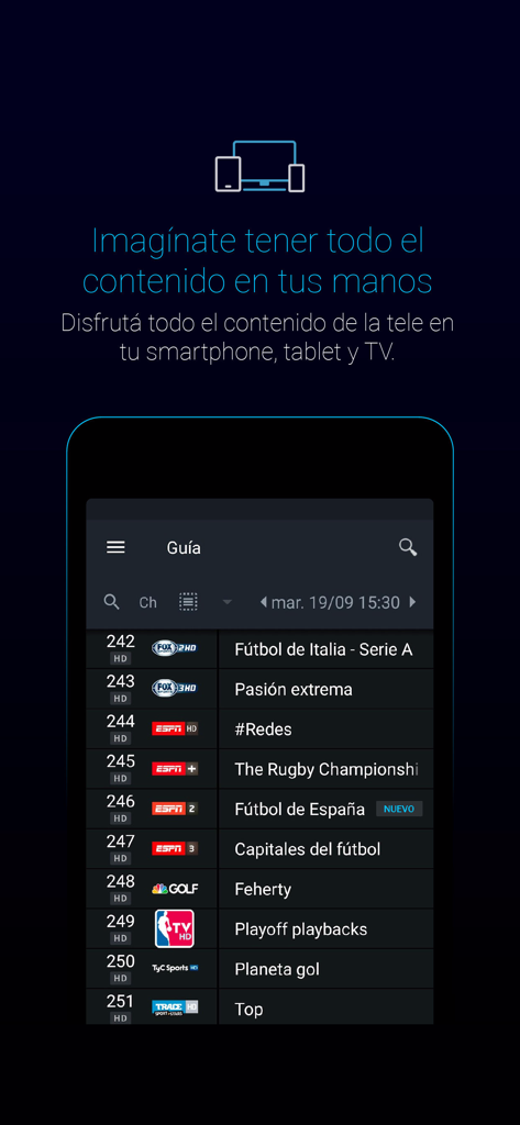 Tigo ONE tv - Tigo ONE tv app interface displaying a programming guide with various sports channels in Spanish.