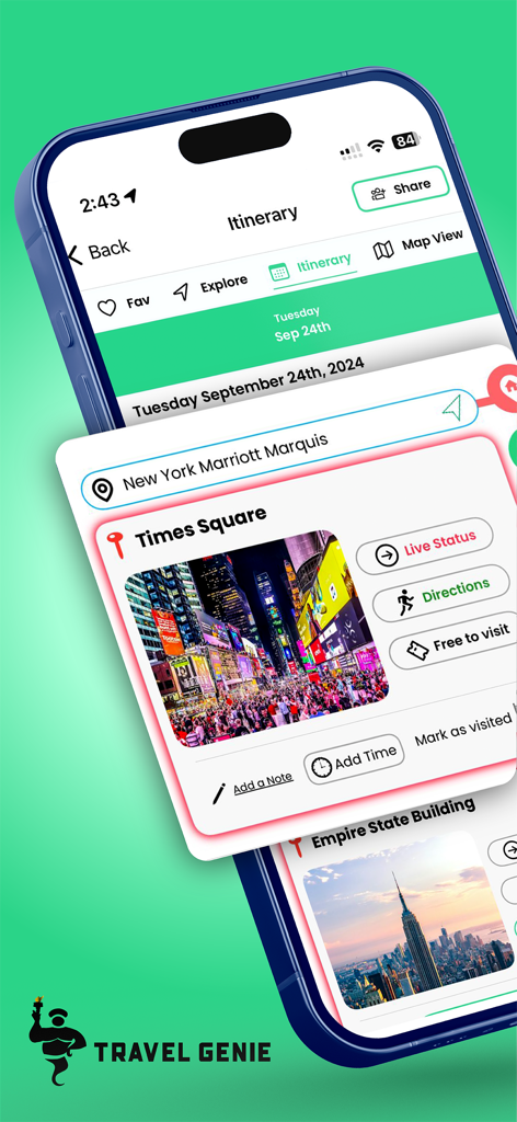 Travel Genie app interface showing a detailed trip itinerary for New York City landmarks like Times Square and the Empire State Building