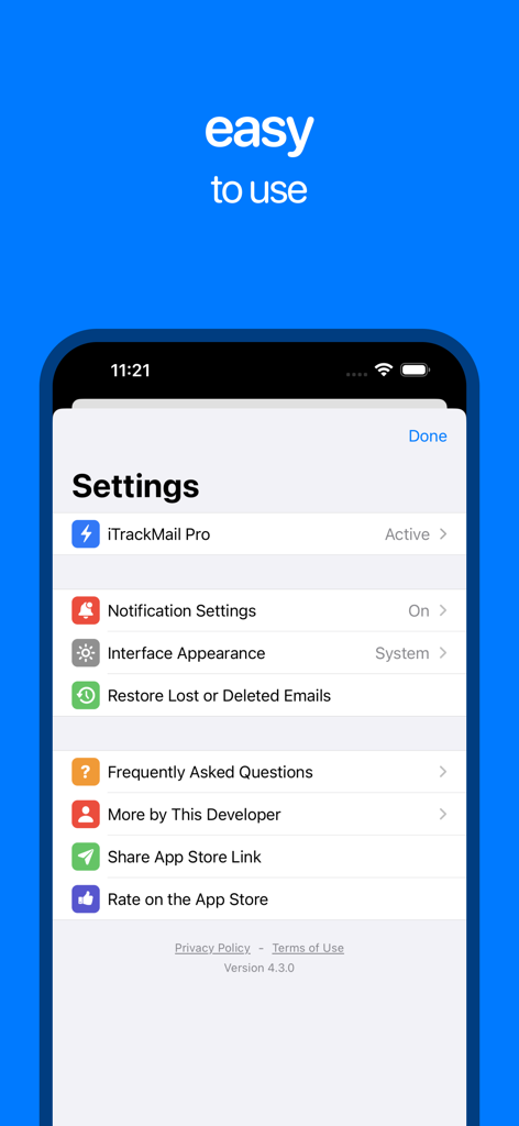 iTrackMail - Email Tracking - La pantalla de configuración de la aplicación de productividad iTrackMail mostrando opciones de configuración como notificaciones y estado de la cuenta bajo un encabezado fácil de usar