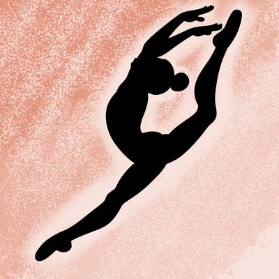 gymnast doing a leap in a leotard with a bent back leg