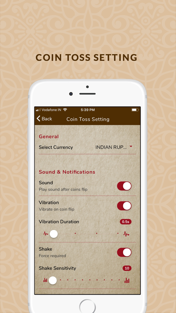 Interfaz de configuración de la aplicación Cara o Cruz mostrando controles de vibración y sonido