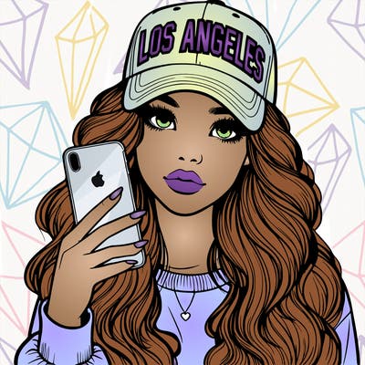 realistic beautiful girl wearing los ángeles cap holding an iphone