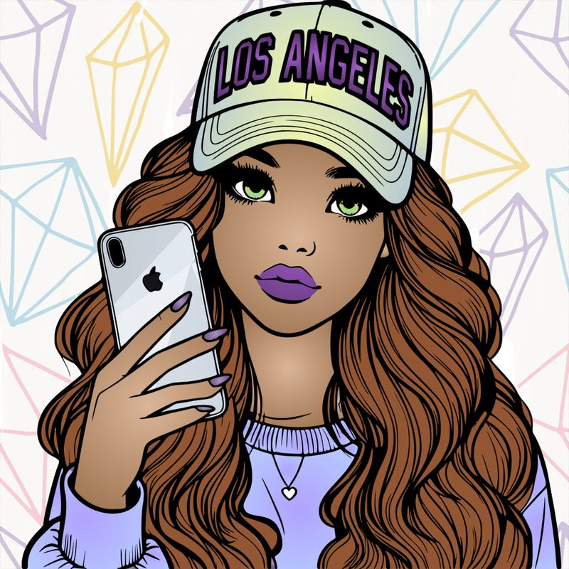 realistic beautiful girl wearing los ángeles cap holding an iphone