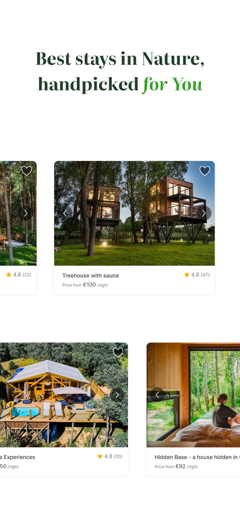 AlohaCamp - AlohaCampアプリの画面。ツリーハウスやキャビンなどのユニークな自然の滞在先が表示されています。