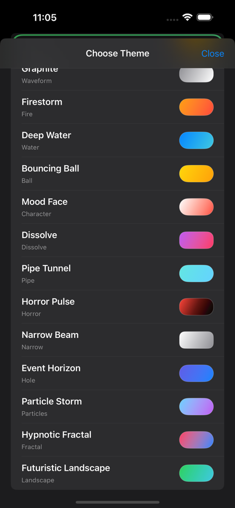 Live Audio & Music Visualizer - Una lista de diferentes temas visuales dinámicos en el menú de selección de la aplicación Live Audio and Music Visualizer.