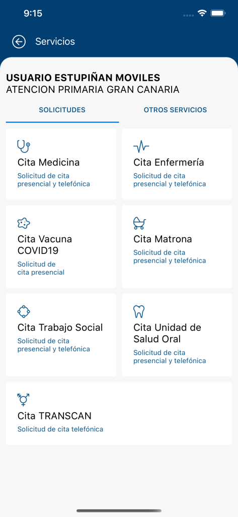 miCita previa - Screen showing options for medicine nursing and vaccination appointments in the miCita previa app