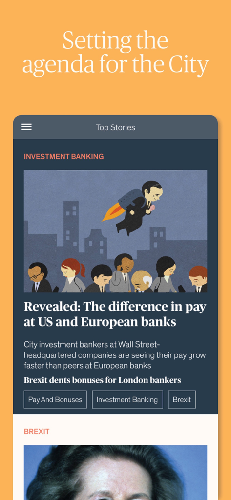 Financial News - Interfaz de la aplicación Financial News que muestra un artículo de banca de inversión sobre diferencias salariales en bancos de EE. UU. y Europa