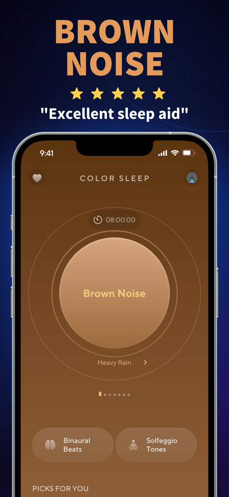 Screenshot of the brown noise sleep aid interface in the Color Sleep app featuring a timer and binaural beats